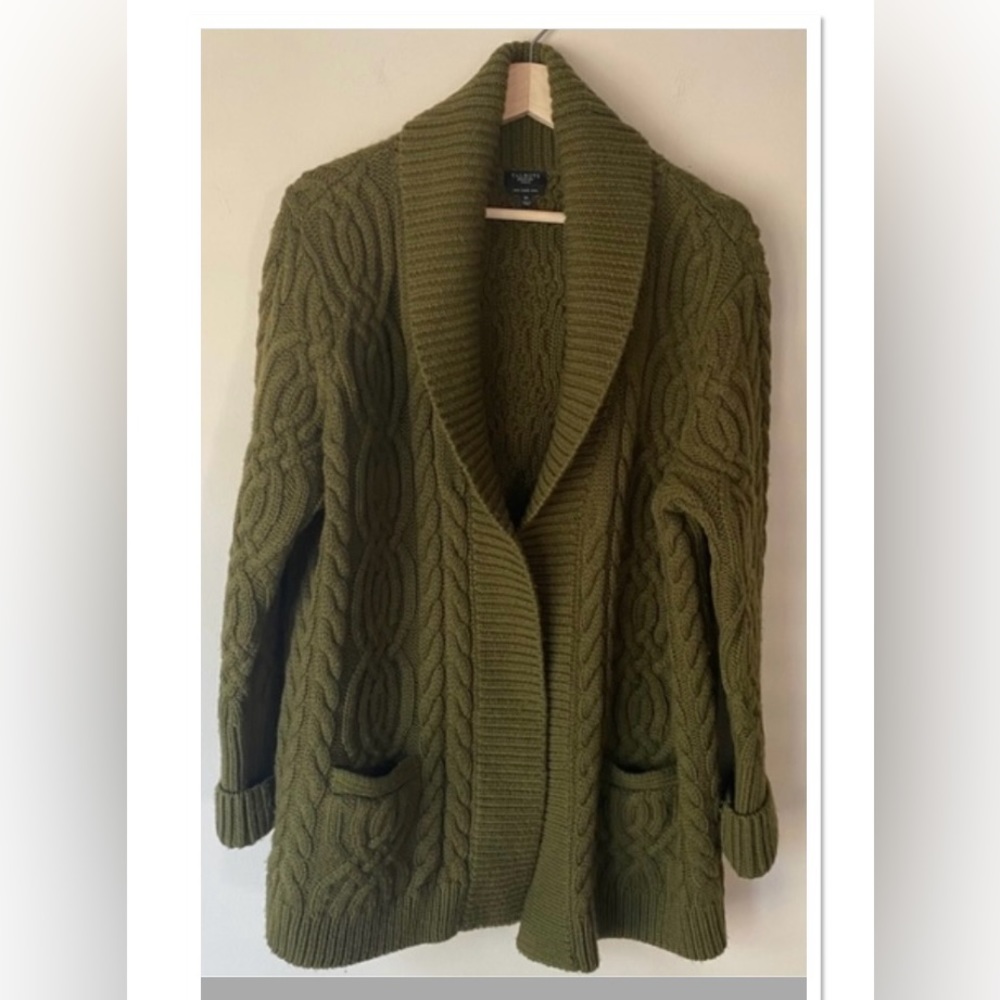 Talbots Pure Merino Wool Olive Green Cable Knit Shawl Collar Cardigan Size 1X